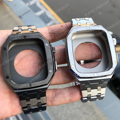 Luxus Modifikations-Kit für Apple Watch Serie 9/8/7/SE/6/5/4, 45mm/44mm Metallgehäuse und Hülle, Rahmen &amp; Armband Case Zubehör