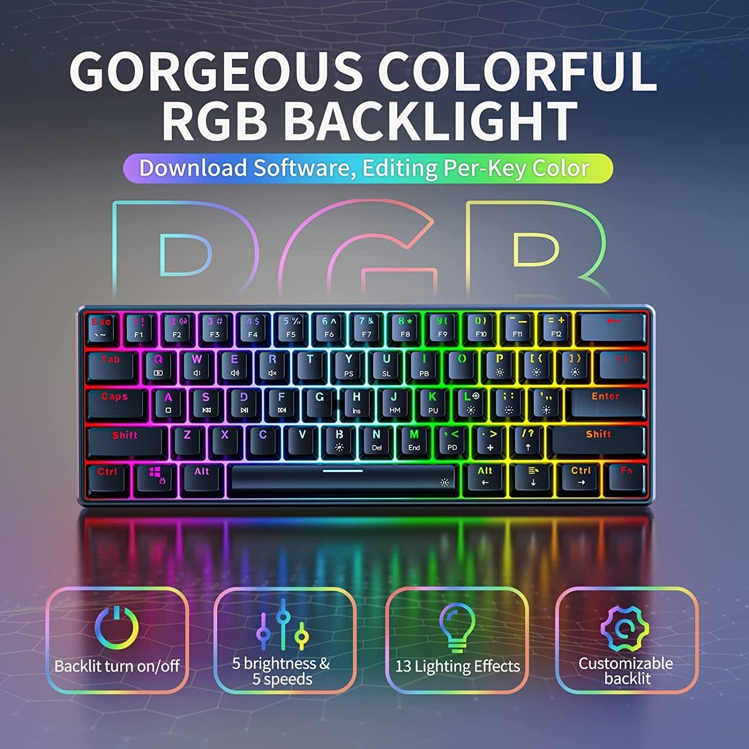 TH61 60% Mechanische Gaming-Tastatur, RGB-Hintergrundbeleuchtung Kabelgebundene Ultra-kompakte Mini Mechanische Tastatur Volltasten programmierbar Schwarz