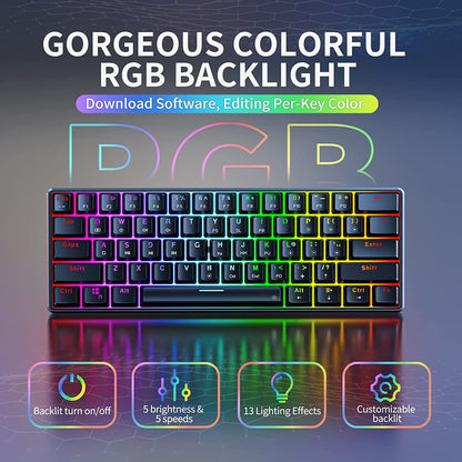 TH61 60% Mechanische Gaming-Tastatur, RGB-Hintergrundbeleuchtung Kabelgebundene Ultra-kompakte Mini Mechanische Tastatur Volltasten programmierbar Schwarz