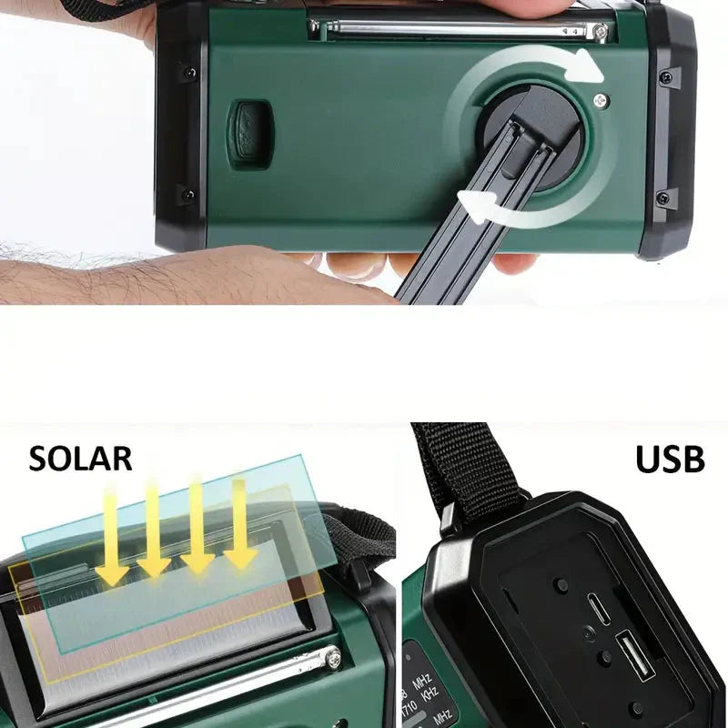 Solar-Notfunkradio mit Powerbank – Handkurbel &amp; LED-Taschenlampe für Camping und Outdoor-Nutzung