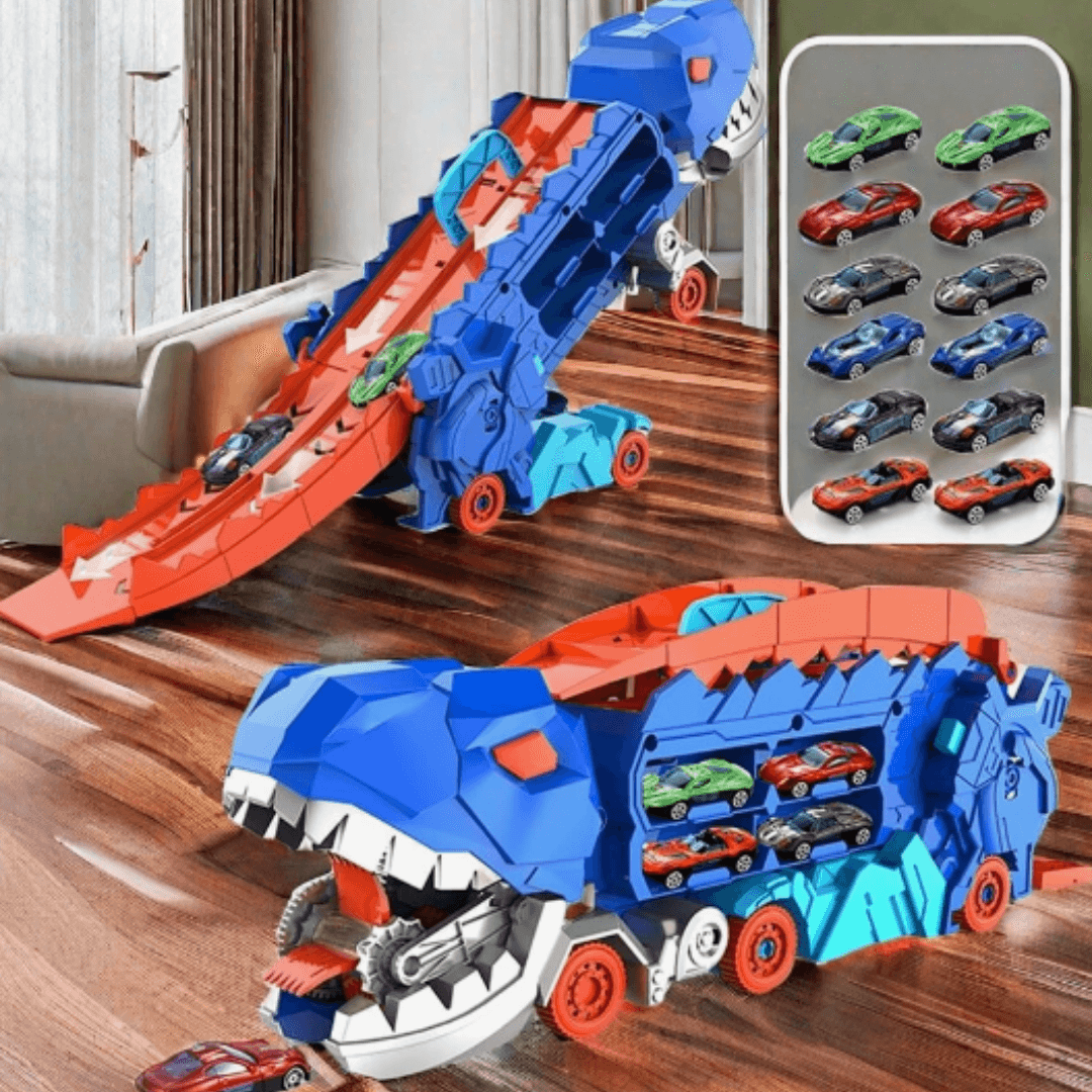 Kinder-Renntransporter 3-in-1 - Dino-Truck mit Rennstrecke