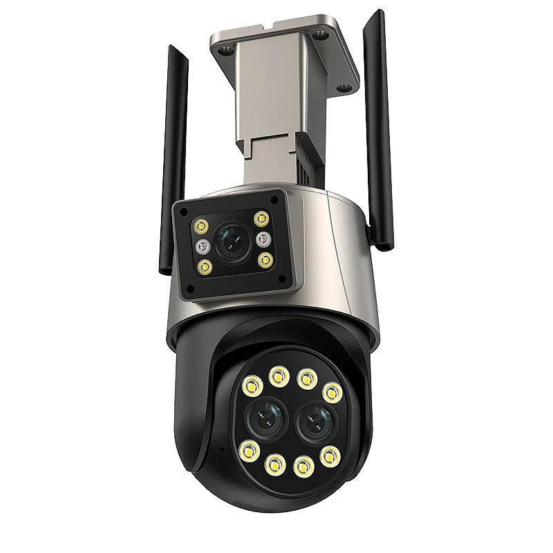 Guudgo 9MP 4K WiFi PTZ Sicherheitskamera, Triple Lens, Dual Screen, 8X Zoom, Nachtsicht, Menschenerkennung, 3MP Jede Linse, EU Stecker