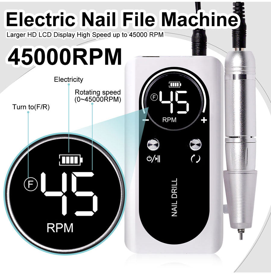 ProNail 45000RPM Elektrische Nagelfeile – Tragbare Wiederaufladbare E-Feile für Maniküre &amp; Acrylnägel | Niedriges Geräusch