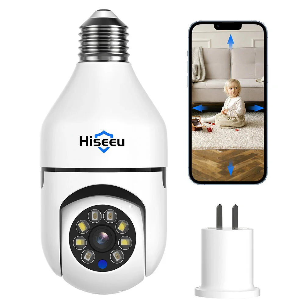 Hiseeu P03 3MP Wireless Bulb IP Kamera, PTZ Außen mit Nachtsicht, Bewegungsdetektion, Gegensprechfunktion, Alarmton, App Fernüberwachung - Sicherheitskamera für Zuhause