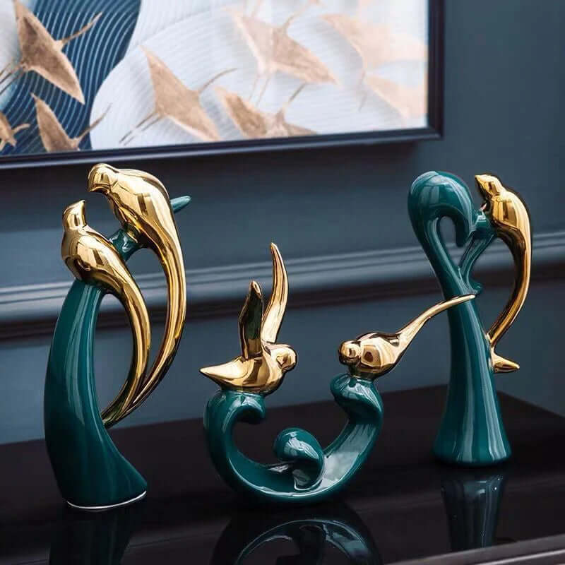 Keramik Vogel Deko Figur - Grün Gold