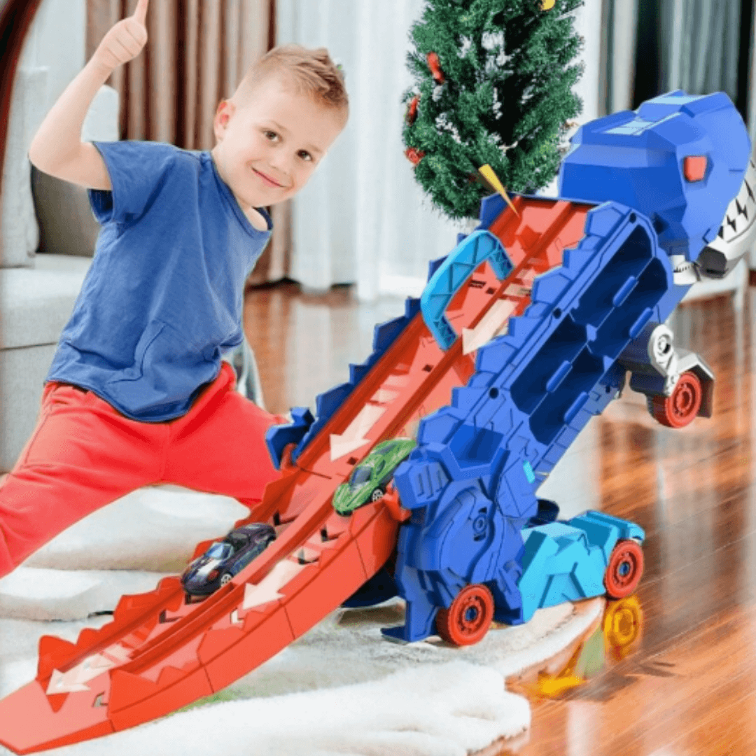 Kinder-Renntransporter 3-in-1 - Dino-Truck mit Rennstrecke
