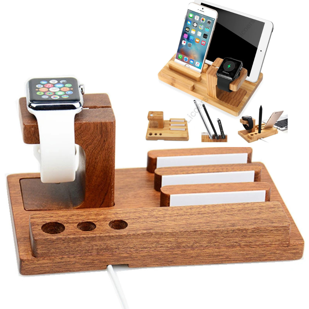 3-in-1 Bambus-Holz Ladestation: Premium Ladegerät-Ständer für iPhone, Apple Watch &amp; iPad, Handy-Halter | AirPods &amp; iOS-Geräte Wireless Charging Dockingstation