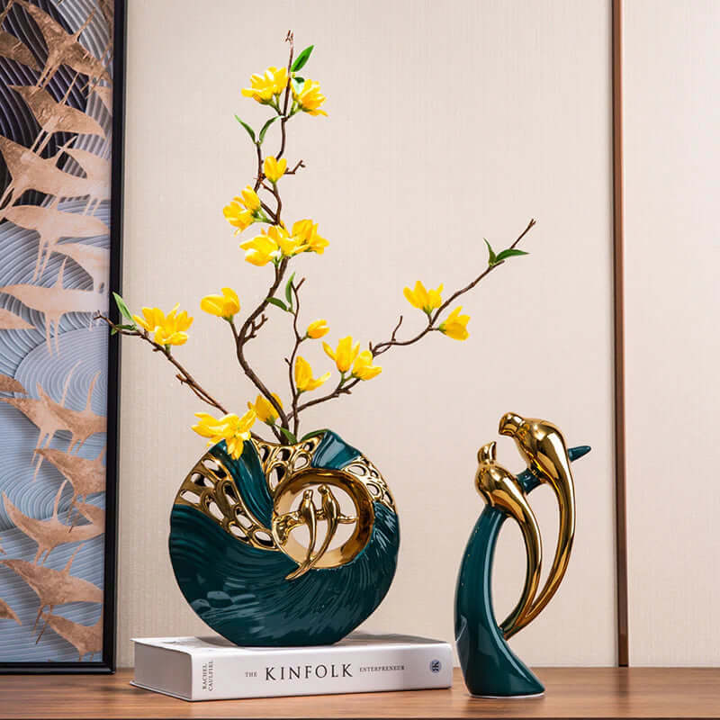 Keramik Vogel Deko Figur - Grün Gold