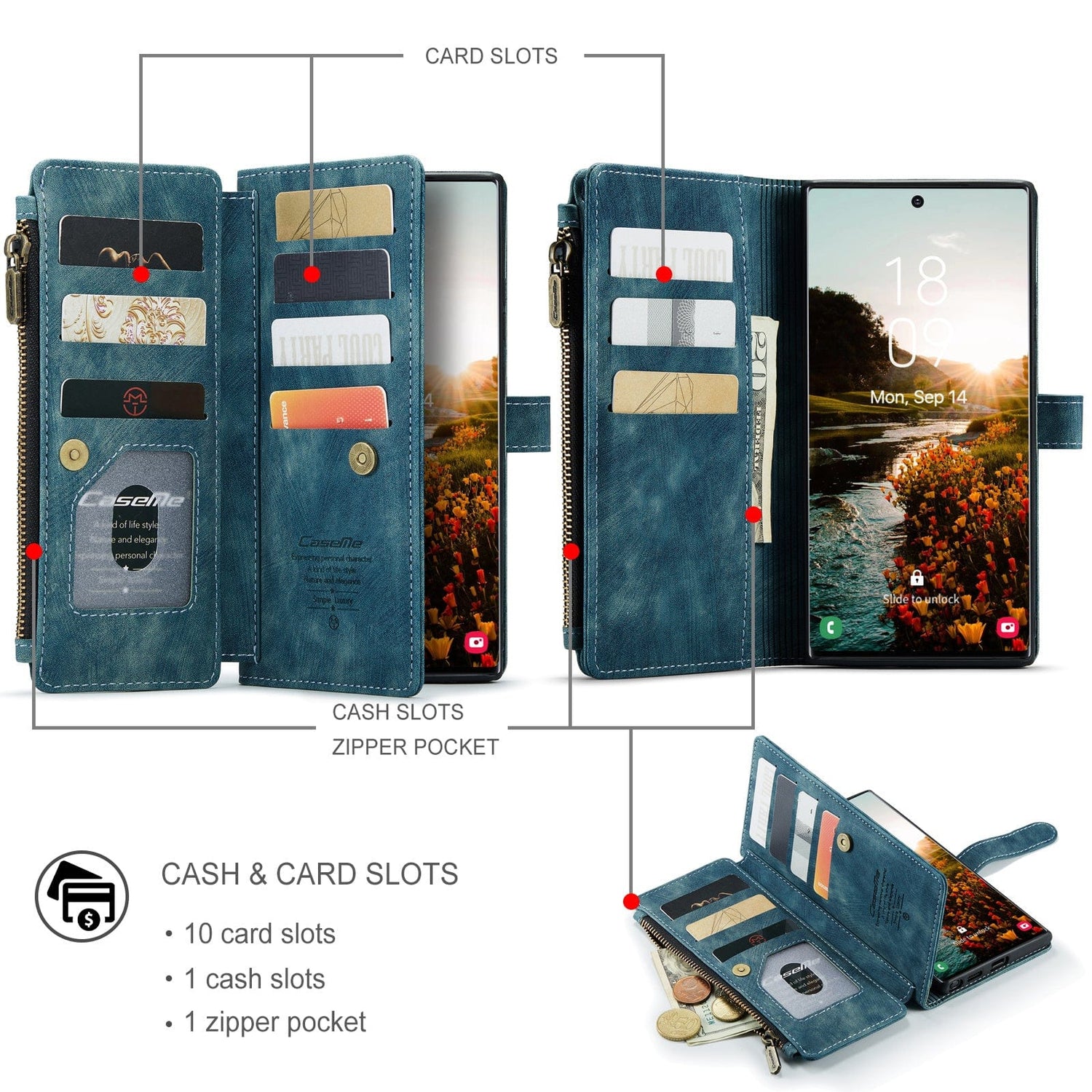 Reißverschluss-Leder-Brieftaschenhülle für Samsung Galaxy