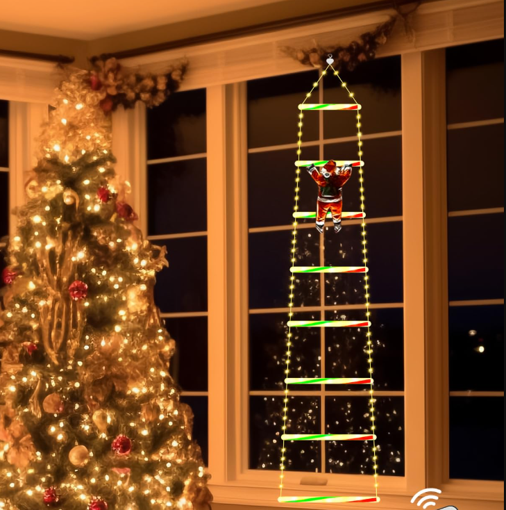 Weihnachtsmann klettert auf die Leiter LED-Weihnachtslichter