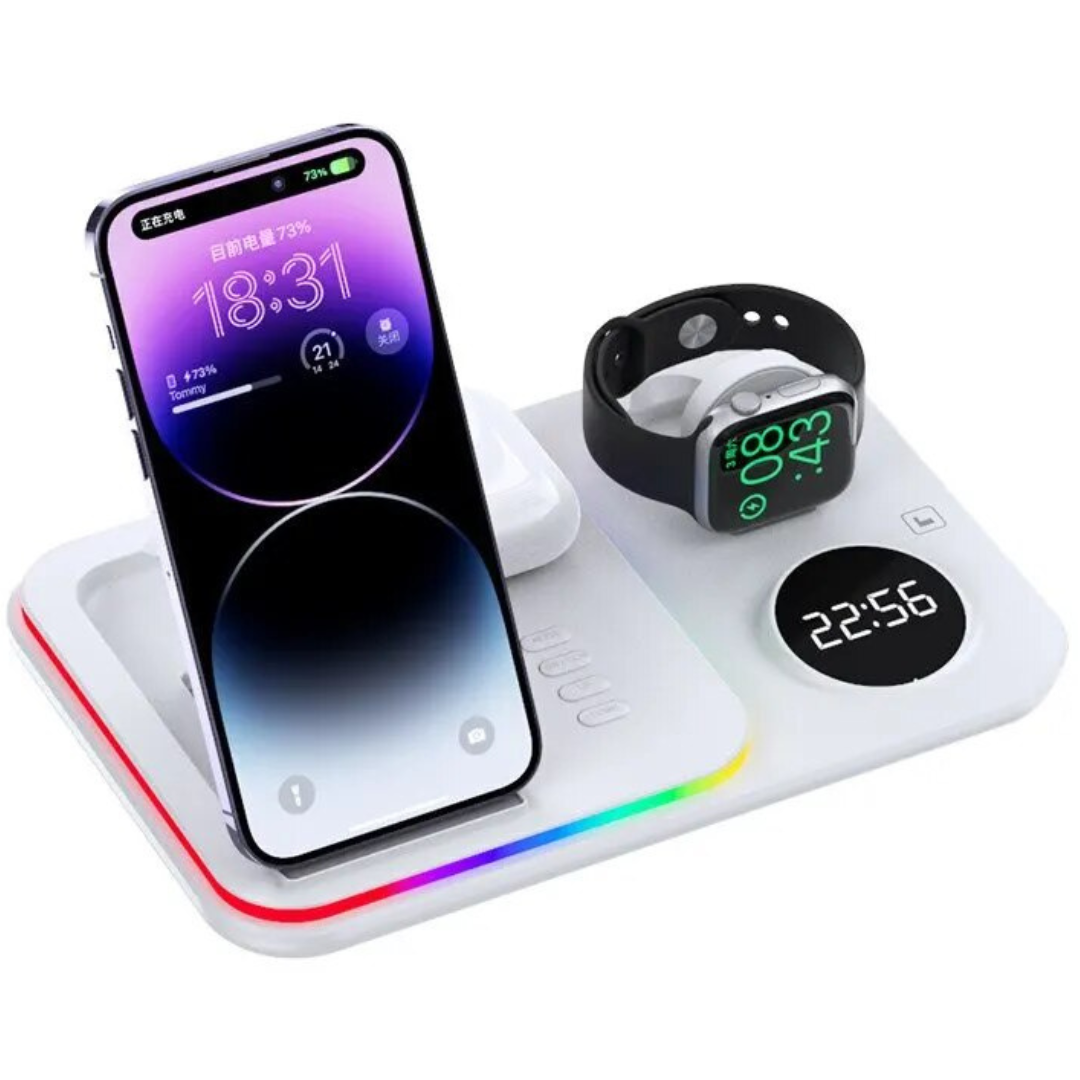 5-in-1 Kabellose Schnellladestation 30W Premium mit LED | Wireless Fast Charging Dock, Ladegerät mit Ständer und Wecker für iPhone, Samsung, Android, Apple &amp; Galaxy Watch, AirPods