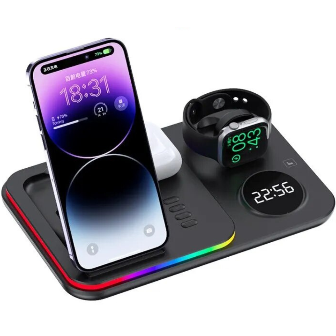 5-in-1 Kabellose Schnellladestation 30W Premium mit LED | Wireless Fast Charging Dock, Ladegerät mit Ständer und Wecker für iPhone, Samsung, Android, Apple &amp; Galaxy Watch, AirPods