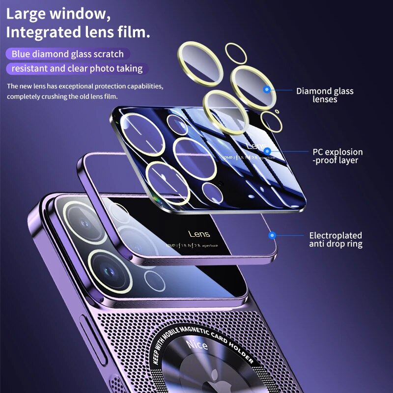 Luxus wärmeableitendes Magnetgehäuse als iPhone-Hülle | MagSafe Case mit galvanisiertem Metallrahmen und vergrößernder Glaslinse als Kameraschutzabdeckung für Apple iPhone 15/14/13/12 Pro Max Plus Cover | Panzertasche, hochwertige Handyhülle