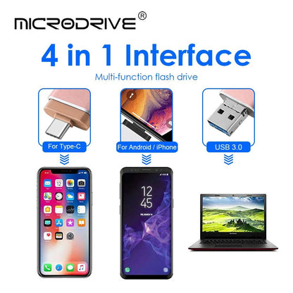 Telefon Speicher Speicherstick – 4-in-1 USB Flash-Laufwerk mit Lightning, USB-C, Micro-USB &amp; USB 3.0 für schnelle Datenübertragung &amp; Backup auf Handys &amp; Laptops