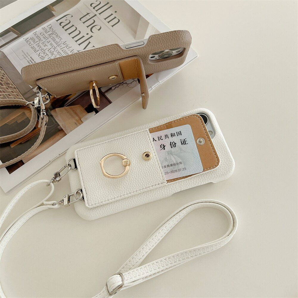 Luxus Lychee Leder Karte Brieftasche Telefon Fall Mit Ring Schnalle Halterung Crossbody Lanyard Fall Für iPhone