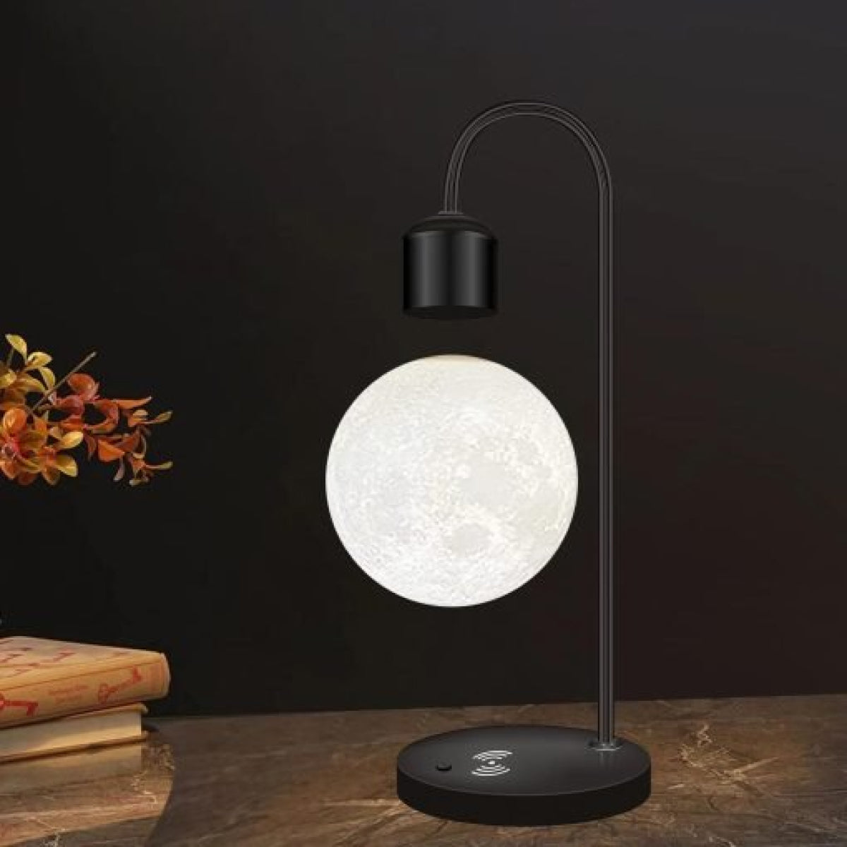 Schwebende LED Lampe mit kabellosem Handy-Ladegerät – Moderne Design Tischlampe aus Aluminium und Holz