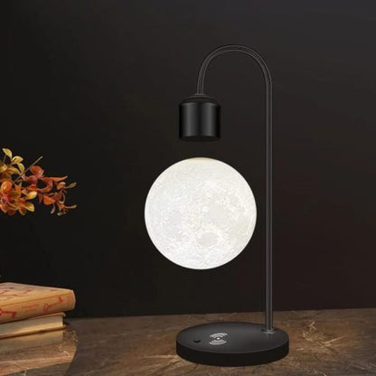 Schwebende LED Lampe mit kabellosem Handy-Ladegerät – Moderne Design Tischlampe aus Aluminium und Holz