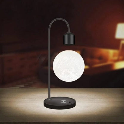 Schwebende LED Lampe mit kabellosem Handy-Ladegerät – Moderne Design Tischlampe aus Aluminium und Holz