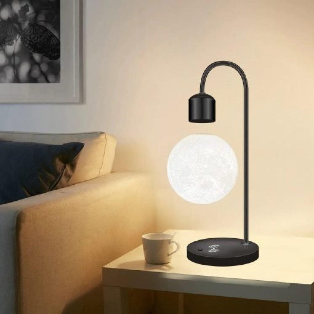 Schwebende LED Lampe mit kabellosem Handy-Ladegerät – Moderne Design Tischlampe aus Aluminium und Holz