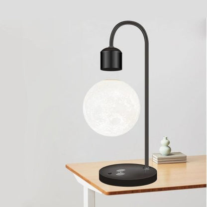 Schwebende LED Lampe mit kabellosem Handy-Ladegerät – Moderne Design Tischlampe aus Aluminium und Holz