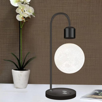 Schwebende LED Lampe mit kabellosem Handy-Ladegerät – Moderne Design Tischlampe aus Aluminium und Holz