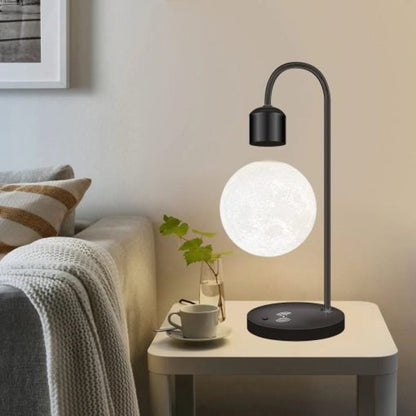 Schwebende LED Lampe mit kabellosem Handy-Ladegerät – Moderne Design Tischlampe aus Aluminium und Holz