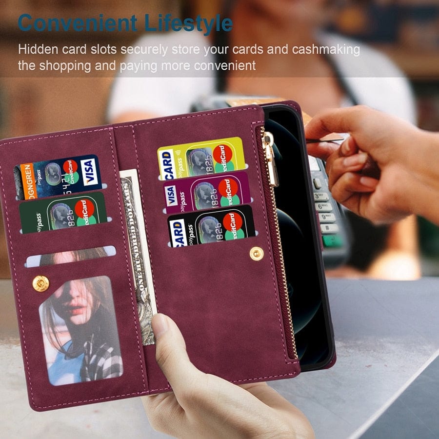 Leder-Brieftaschenhülle mit Reißverschluss und mehreren Karten für die Samsung Galaxy A-Serie