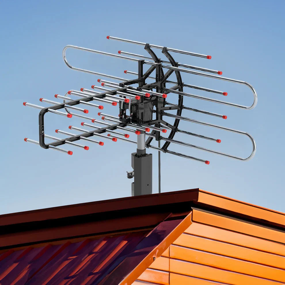 Outdoor-TV-Antenne 500+ Meilen Reichweite mit 360° Motor, Dual-TV-Ausgang &amp; FM Radio