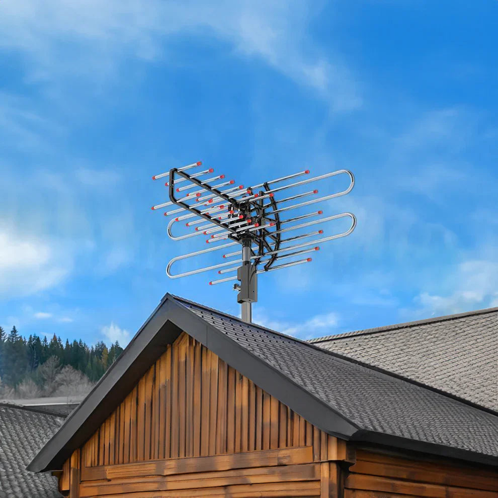 Outdoor-TV-Antenne 500+ Meilen Reichweite mit 360° Motor, Dual-TV-Ausgang &amp; FM Radio