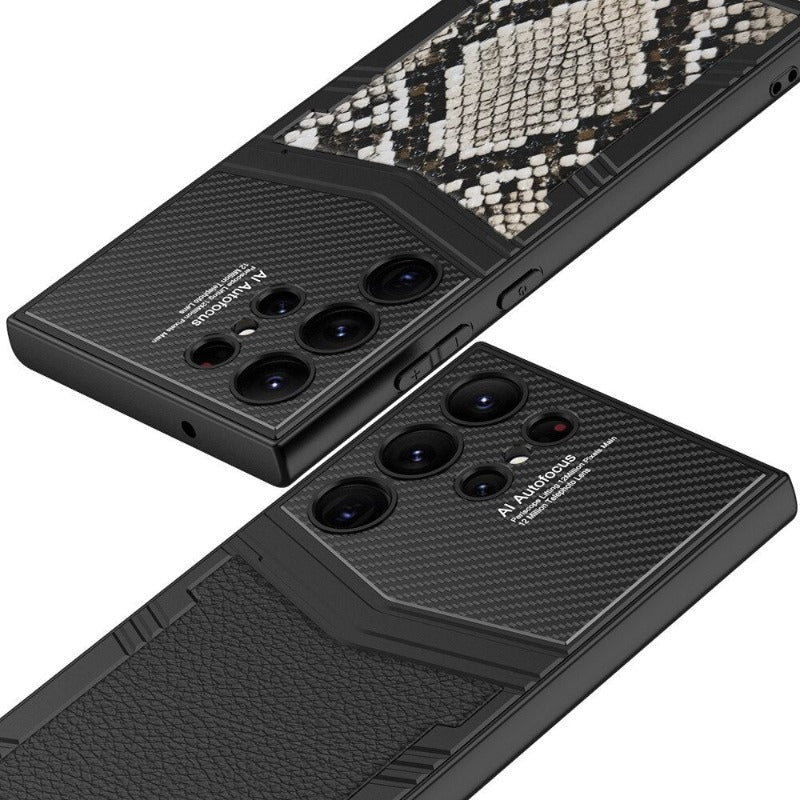 Python Carbon Fiber Plain Leder Handyhülle für Samsung Galaxy S24 S23