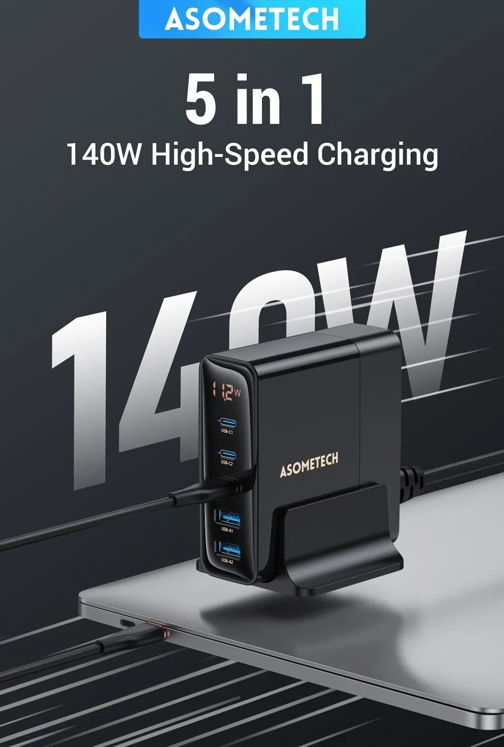 140W GaN Schnellladegerät: Premium Desktop-Ladestation | 5 USB-Anschlüsse Charging Station Dockingstation ASOMETECH | Laptop, MacBook, iPhone, Samsung