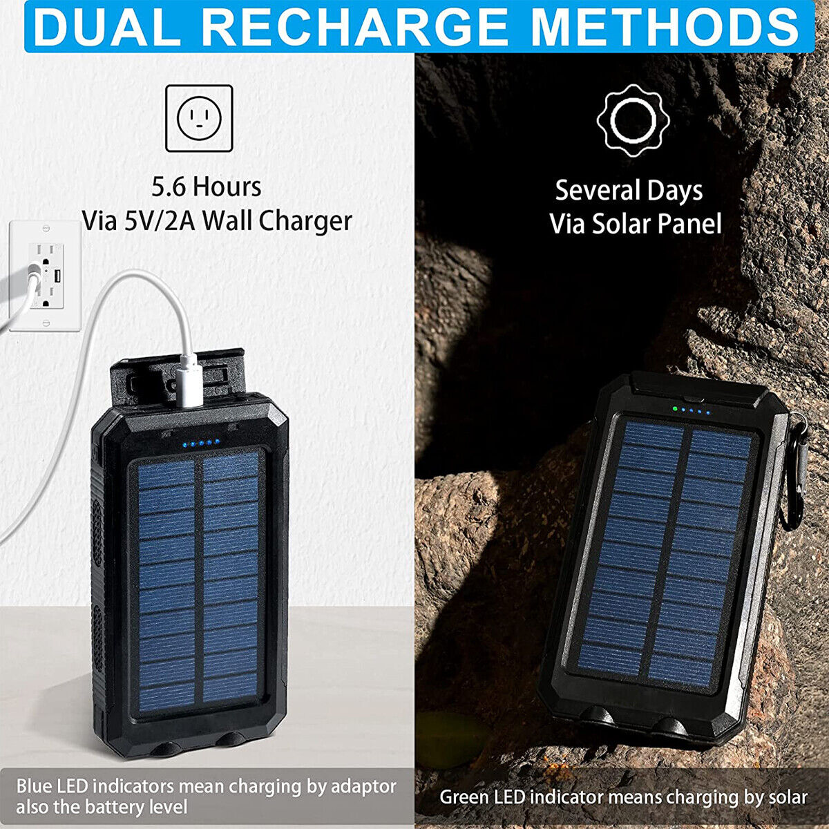 Zelara Universelles, wasserfestes 20000-mAh-Solar-Powerbank-externes Akkuladegerät mit Kompass-LED-Taschenlampe