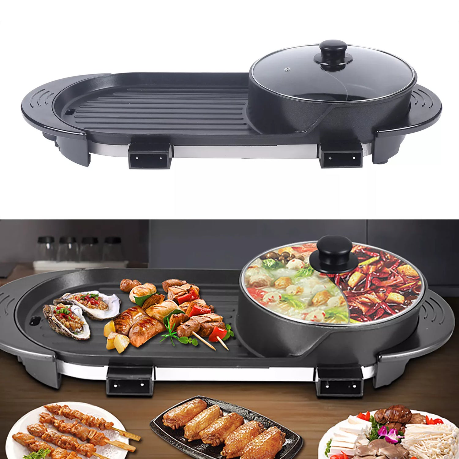 Tragbarer elektrischer 2-in-1 Antihaft-Tischgrill mit Heißtopf Indoor-Thekengrill
