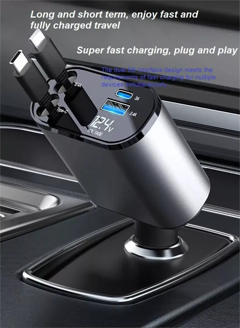 Ultimate 4-in-1 Rückziehbares Auto-Ladegerät: Vielseitige Multi-Port-Lösungen für das Laden unterwegs