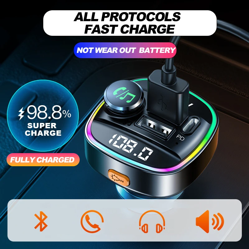 Bluetooth 5.0 Auto Drahtloser FM Transmitter Adapter USB Ladegerät AUX
