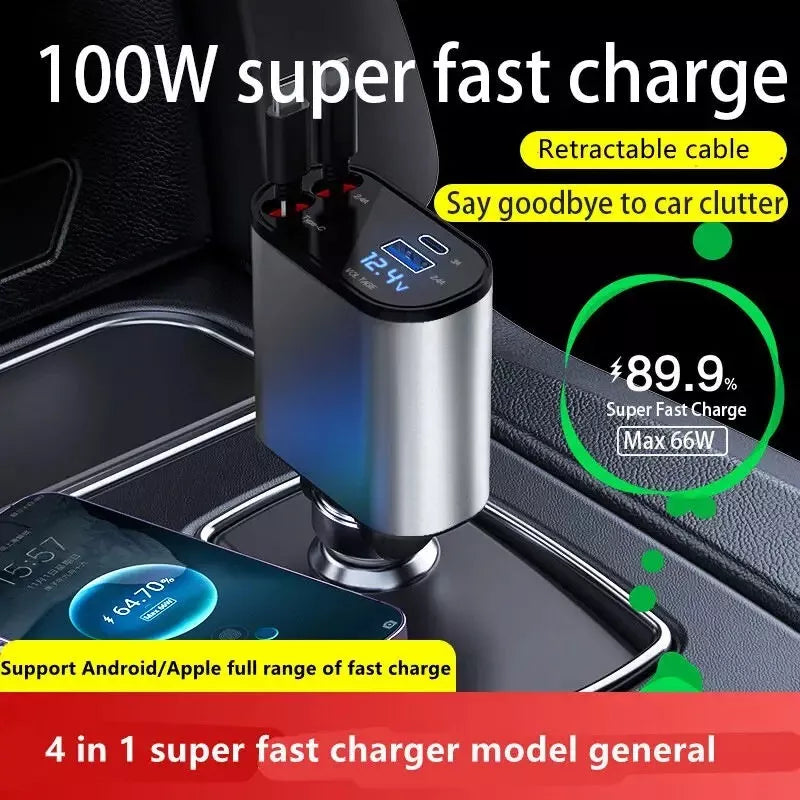 Ultimate 4-in-1 Rückziehbares Auto-Ladegerät: Vielseitige Multi-Port-Lösungen für das Laden unterwegs