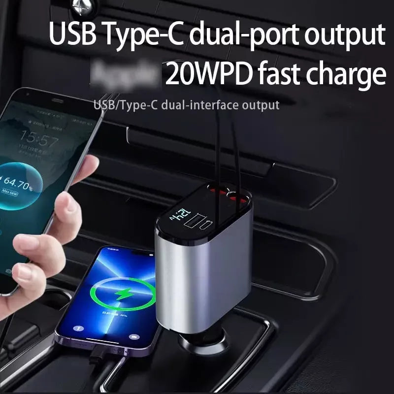 Ultimate 4-in-1 Rückziehbares Auto-Ladegerät: Vielseitige Multi-Port-Lösungen für das Laden unterwegs