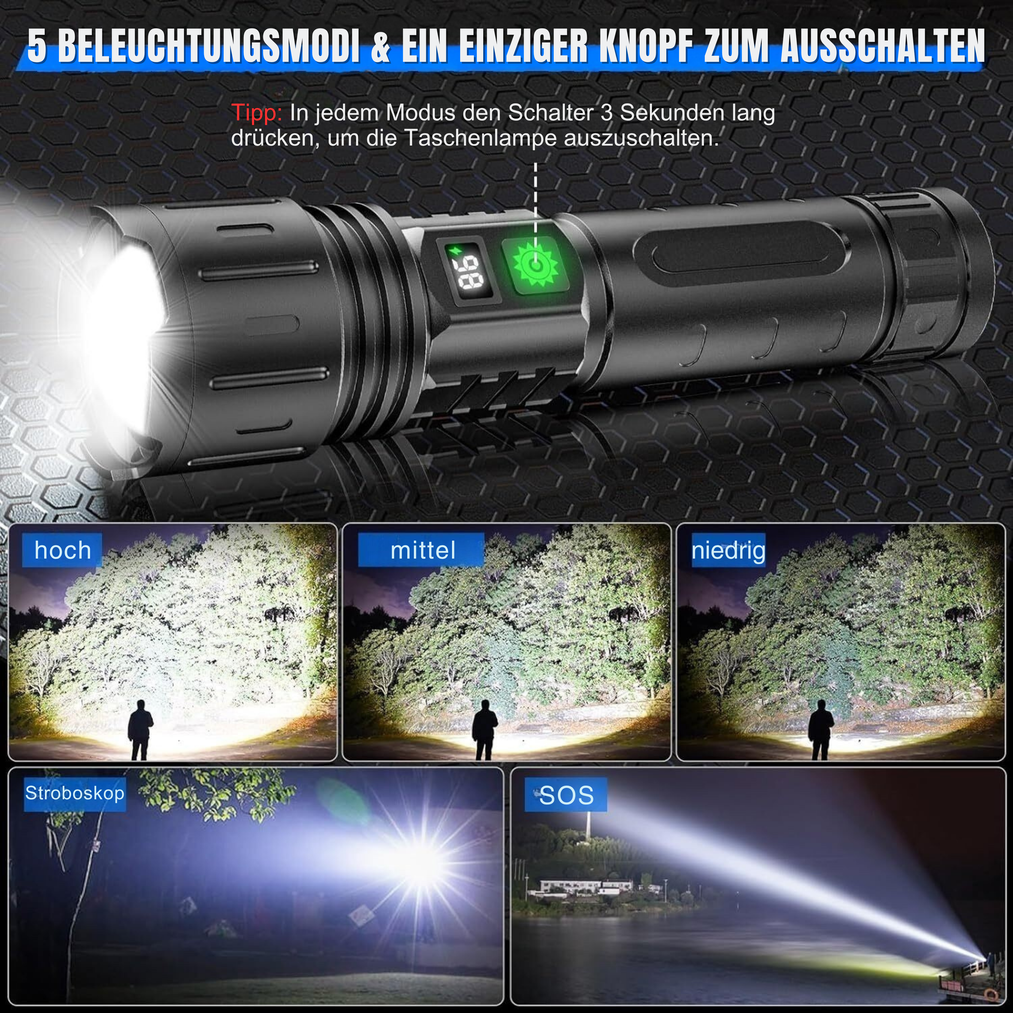 UltraBeam Taschenlampe 100000 Lumen – Extreme Helligkeit &amp; Vielseitigkeit