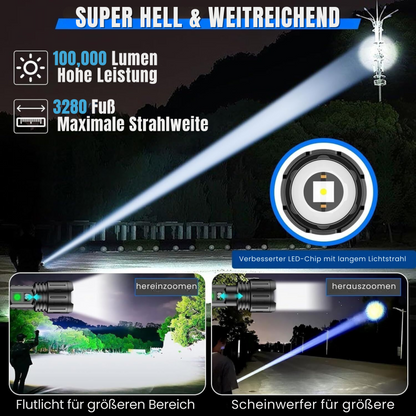 UltraBeam Taschenlampe 100000 Lumen – Extreme Helligkeit &amp; Vielseitigkeit