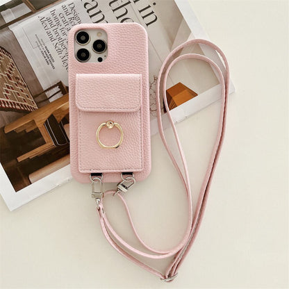 Luxus Lychee Leder Karte Brieftasche Telefon Fall Mit Ring Schnalle Halterung Crossbody Lanyard Fall Für iPhone