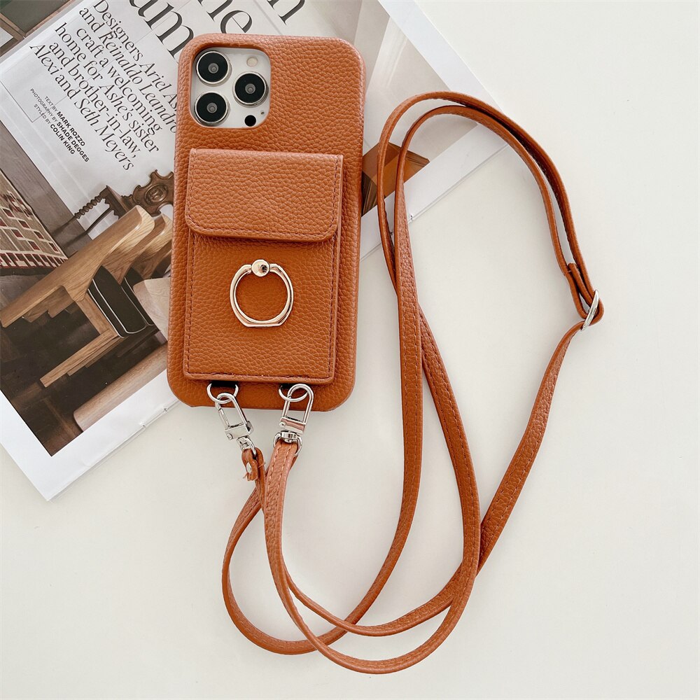 Luxus Lychee Leder Karte Brieftasche Telefon Fall Mit Ring Schnalle Halterung Crossbody Lanyard Fall Für iPhone