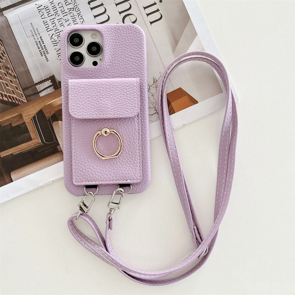 Luxus Lychee Leder Karte Brieftasche Telefon Fall Mit Ring Schnalle Halterung Crossbody Lanyard Fall Für iPhone