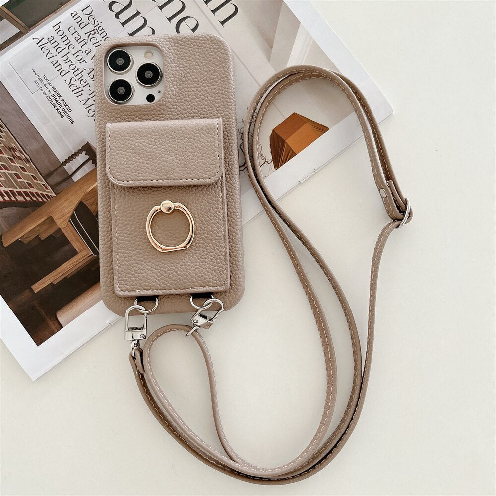 Luxus Lychee Leder Karte Brieftasche Telefon Fall Mit Ring Schnalle Halterung Crossbody Lanyard Fall Für iPhone