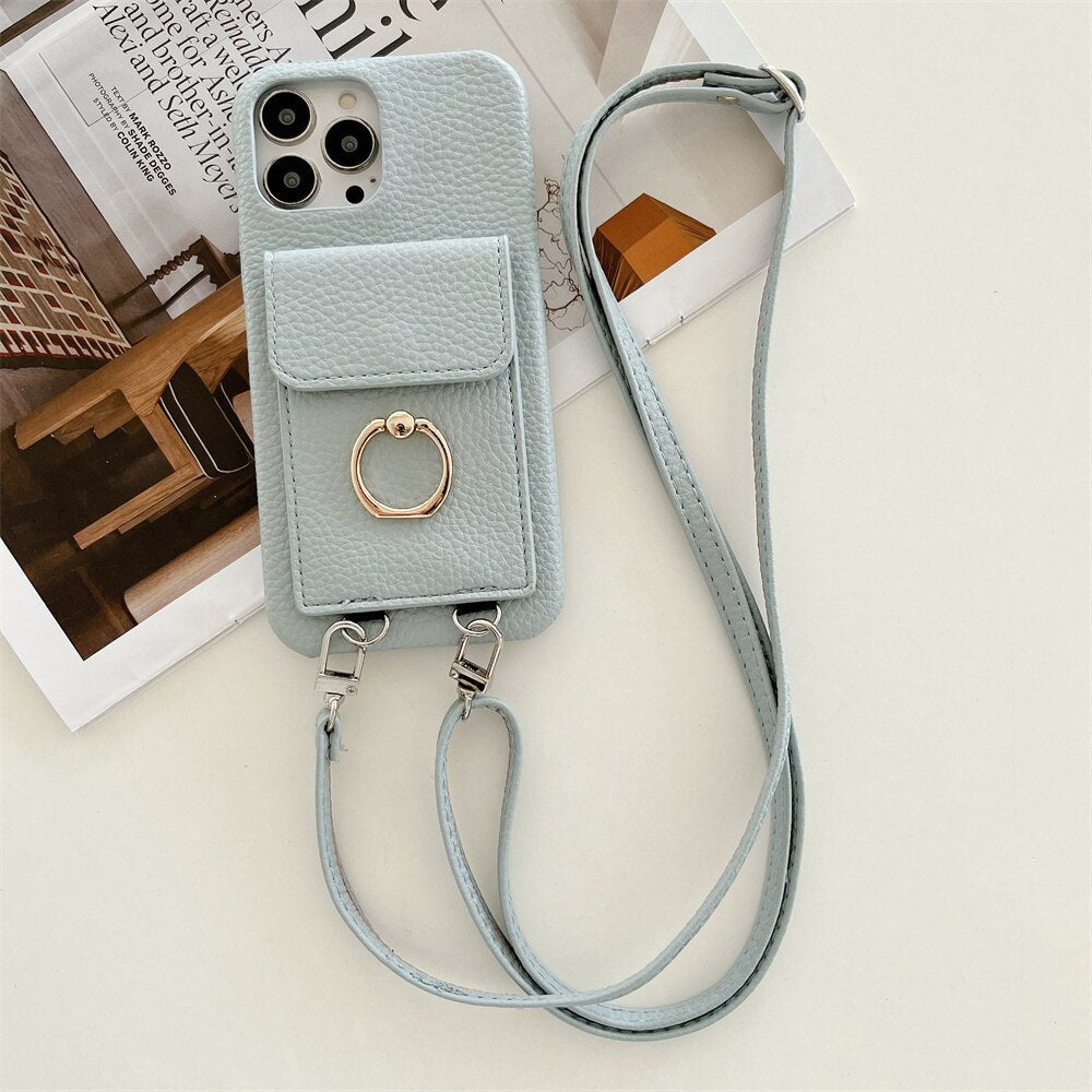 Luxus Lychee Leder Karte Brieftasche Telefon Fall Mit Ring Schnalle Halterung Crossbody Lanyard Fall Für iPhone