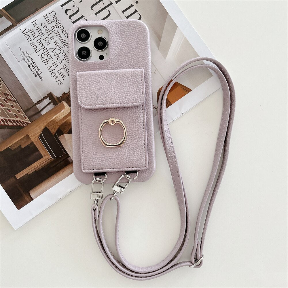 Luxus Lychee Leder Karte Brieftasche Telefon Fall Mit Ring Schnalle Halterung Crossbody Lanyard Fall Für iPhone