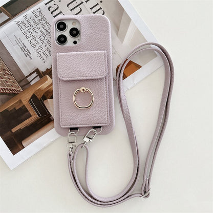 Luxus Lychee Leder Karte Brieftasche Telefon Fall Mit Ring Schnalle Halterung Crossbody Lanyard Fall Für iPhone