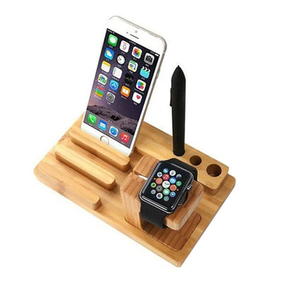 3-in-1 Bambus-Holz Ladestation: Premium Ladegerät-Ständer für iPhone, Apple Watch &amp; iPad, Handy-Halter | AirPods &amp; iOS-Geräte Wireless Charging Dockingstation