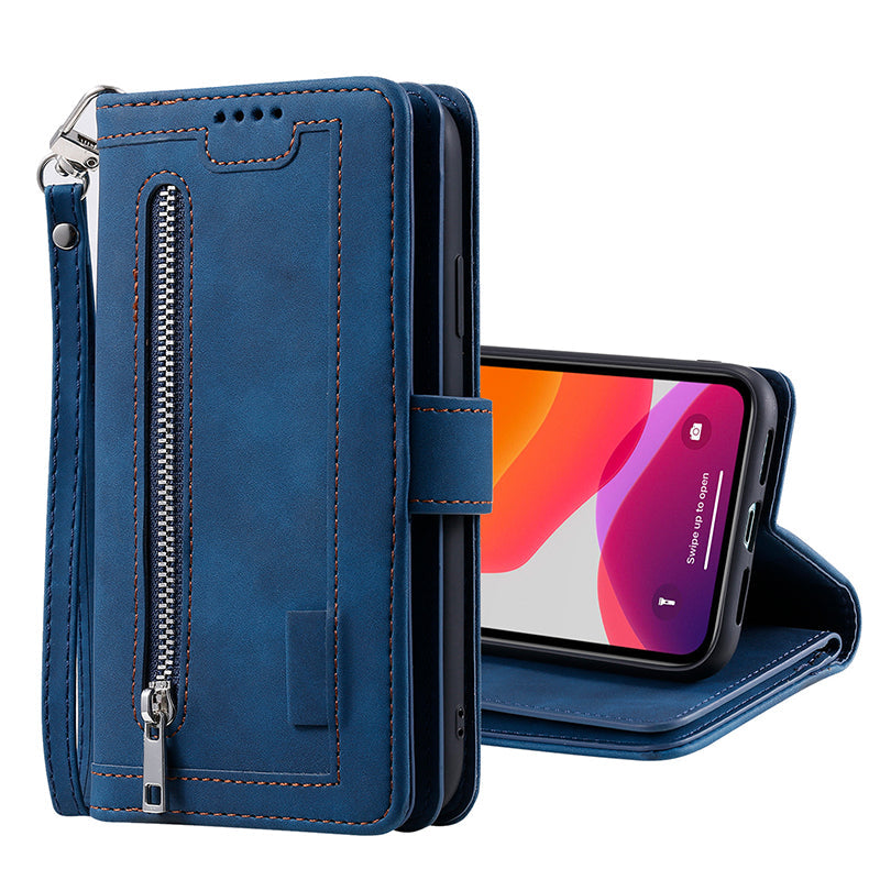 Hochwertige Leder-Handyhülle mit Reißverschluss, Kartenhalter, Stand und Riemen | Flip-Cover Case für Apple iPhone 15/14/13/12 Pro Max Plus Mini - Vielseitige Schutzhülle